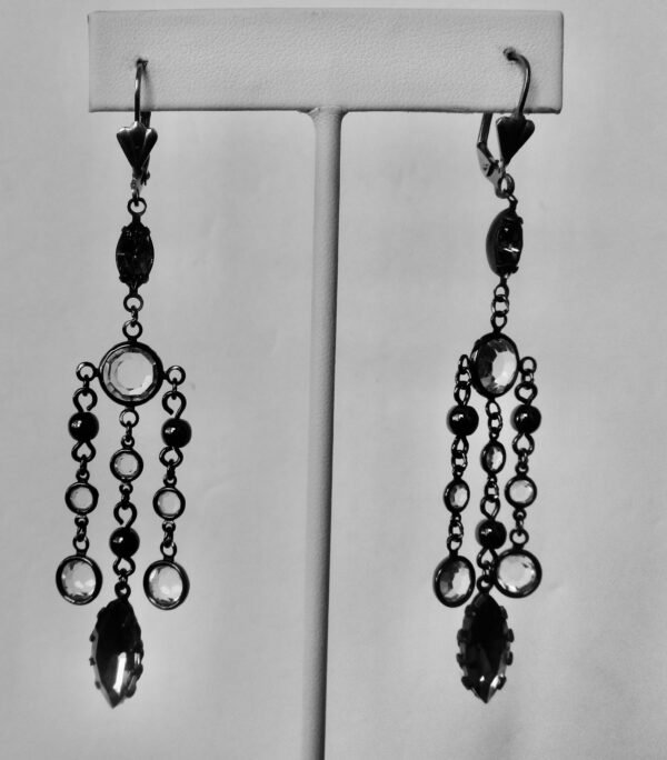 Pair of Vintage 3 1/4-Inch Gunmetal & Crystal Earrings/Boho/Hippie - Image 3