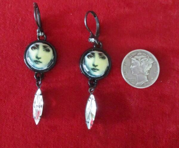 Pair of Stenciled Portrait Earrings on Porcelain/Boho/Hippie/Steampunk