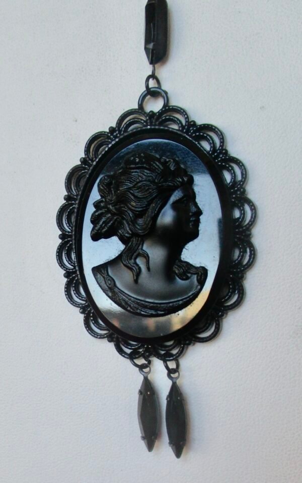 Vintage Black French Jet Antique Cameo on a Vintage French Jet Scalloped  Pendant - Image 4