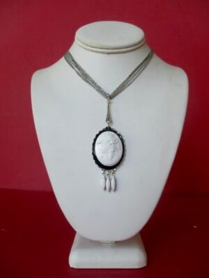Vintage White Cameo Necklace With 5-Strand Silver Chain