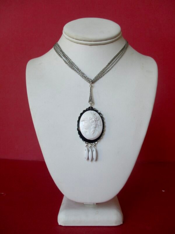 Vintage White Cameo Necklace With 5-Strand Silver Chain