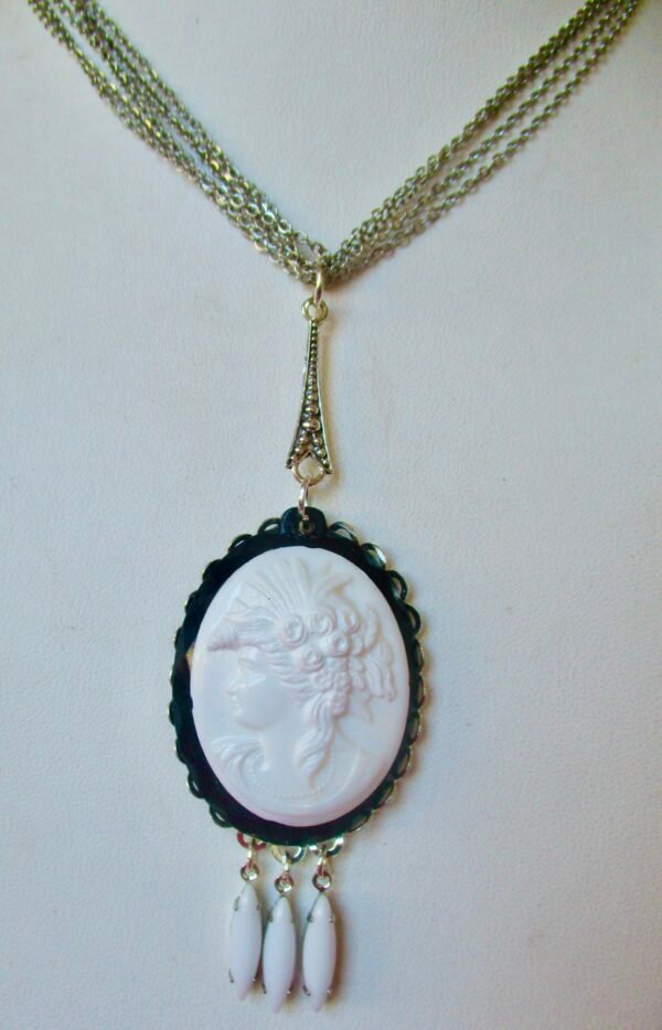 Vintage White Cameo Necklace With 5-Strand Silver Chain - Image 7
